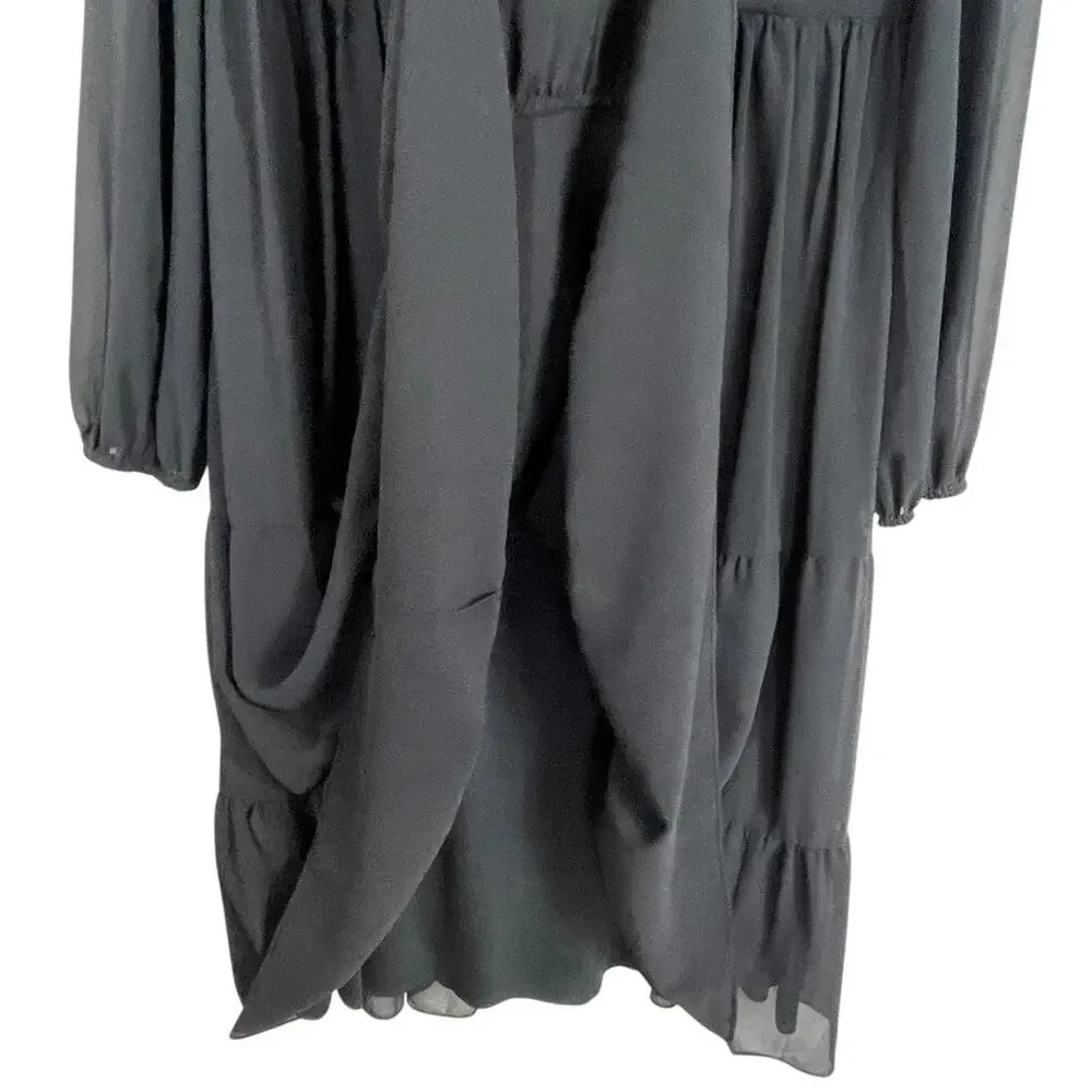 Ieena Mac Duggal Ruched V-Neck Tiered Midi Dress Chiffon Black Sz 14 NWT Chic